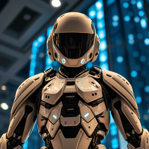 futuristic robotic suit in a high-tech display, illuminated by soft blue and white lights, captured with a Canon EOS R5, 50mm lens, f/1.8, ISO 100, with dramatic low-angle perspective and high dynamic range settings for enhanced detail and depth