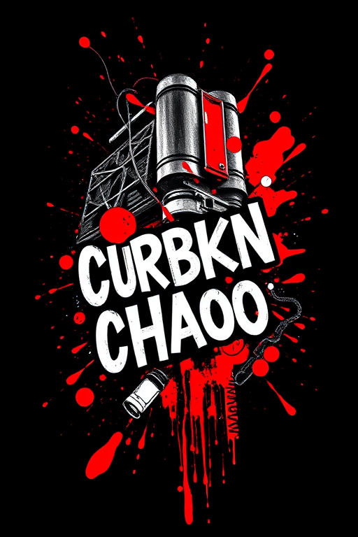 Trash polka style tattoo, "Urban Chaos," juxtaposing bold, graphic elements in solid black with splashes of vibrant red, incorporating typography, photorealistic imagery, and abstract shapes to create a dynamic and edgy composition