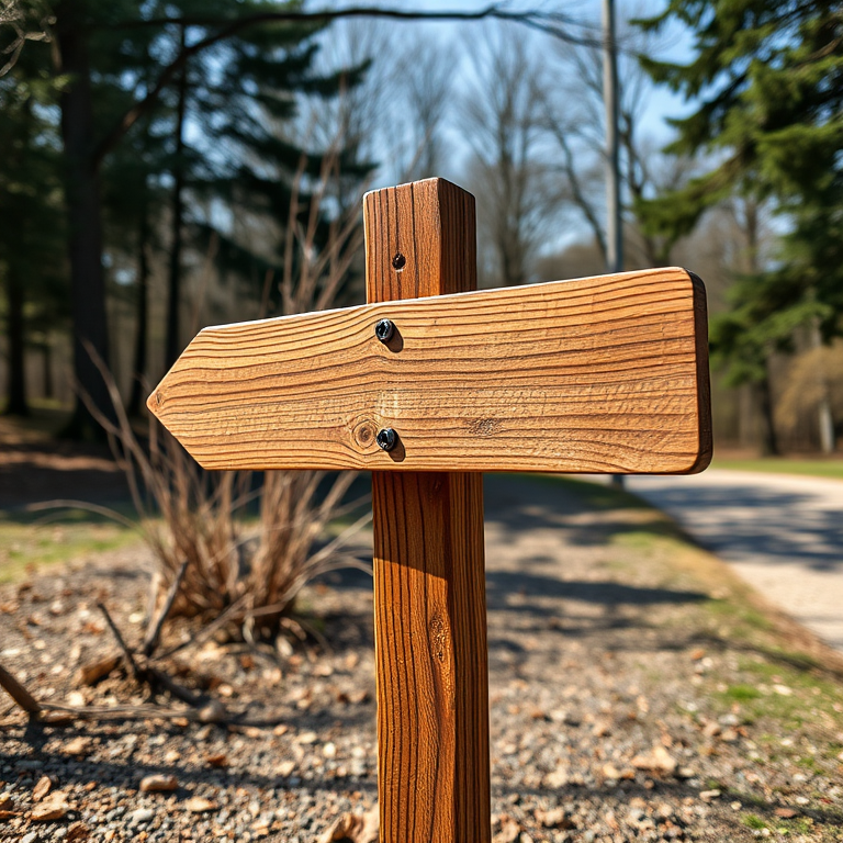 Create an image of a wooden signpost in an outdoor setting, using a DSLR camera with a 50mm lens, f/2.8 aperture, ISO 100, shot from a low angle with natural lighting to enhance detail and texture.