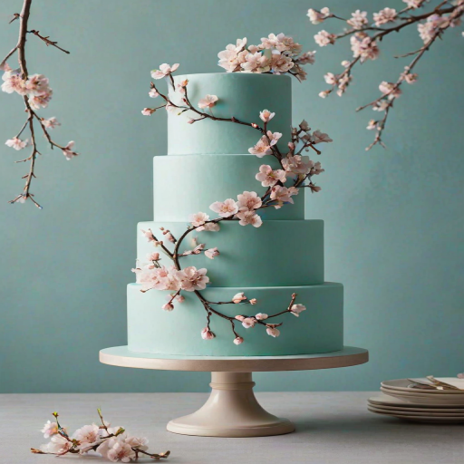 Create an image of a three-tiered cake design featuring spherical tiers in a soft turquoise color. Each tier should be adorned with delicate cherry blossom branches and flowers, with a minimalist base that complements the overall aesthetic. The background should be simple and neutral to emphasize the cake's intricate details.