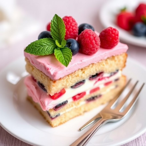 A slice of layered cake with pink and white frosting showcasing mixed berries including raspberries and blueberries on top garnished with a mint leaf served on a white plate with a fork beside it.