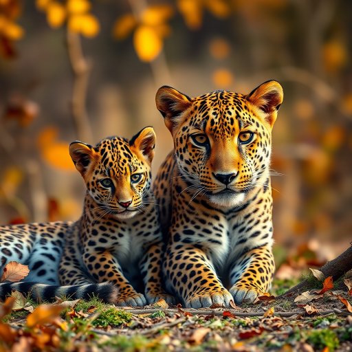 Regenerate an image of a leopard with two cubs in a warm autumn setting, with a shallow depth of field, captured using a DSLR camera with a 50mm lens, f/1.8 aperture, ISO 200, and natural lighting for enhanced vibrancy.