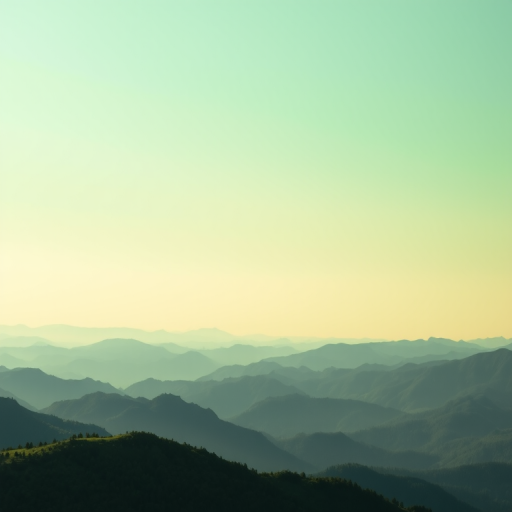 Generate a high-resolution landscape image of layered green mountains under a soft green sky with a focal length of 35mm, aperture set to f/8, ISO 100, using a DSLR camera style for enhanced detail and depth.