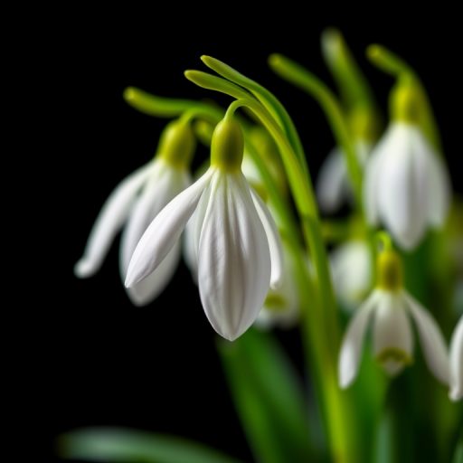 Capture a close-up shot of delicate snowdrop flowers with a shallow depth of field, using a macro lens, aperture set to f/2.8, ISO 100, and a shutter speed of 1/200s, with a black background for high contrast and backlighting to highlight the petals.