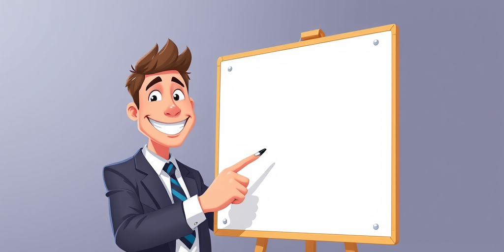 Create a cartoon image of a smiling businessman in a suit pointing to a blank whiteboard with a pointer, use a 50mm lens, f/1.8 aperture, ISO 100, with a bright, well-lit background, shot with a DSLR camera style.