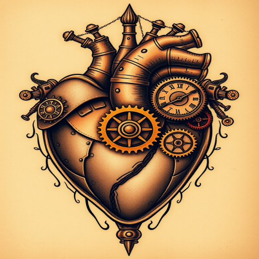 Steampunk-inspired mechanical heart tattoo with intricate gears and clockwork components, rendered in a sepia-toned palette with copper and brass accents for an authentic vintage feel