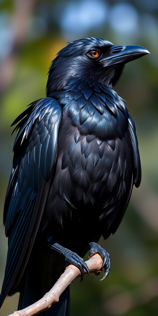 Create a highly detailed illustration of a raven perched on a branch, shot with a Canon EOS 5D Mark IV, 50mm lens, f/2.8 aperture, ISO 100, in natural light, showcasing intricate feather textures and vibrant contrasts.