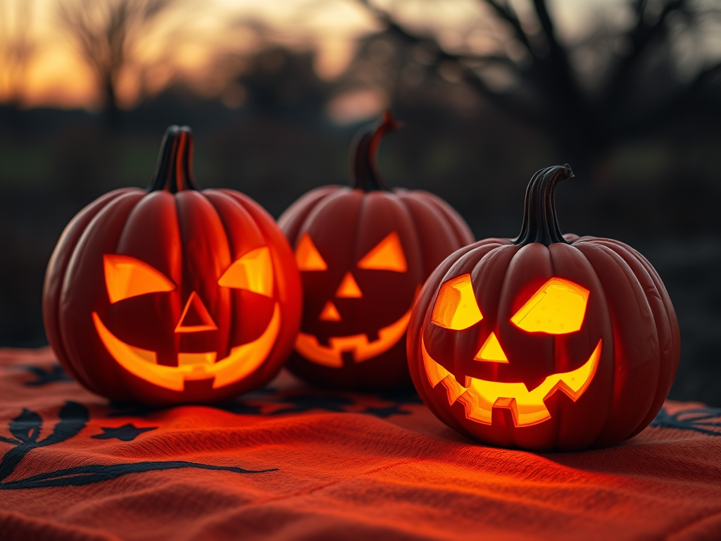 Create a Halloween scene featuring three intricately carved jack-o'-lanterns with glowing faces on a textured orange surface at twilight, captured with a Canon EOS R5, 50mm f/1.8 lens, aperture set to f/2.8, ISO 100, and a warm color balance for enhanced mood.