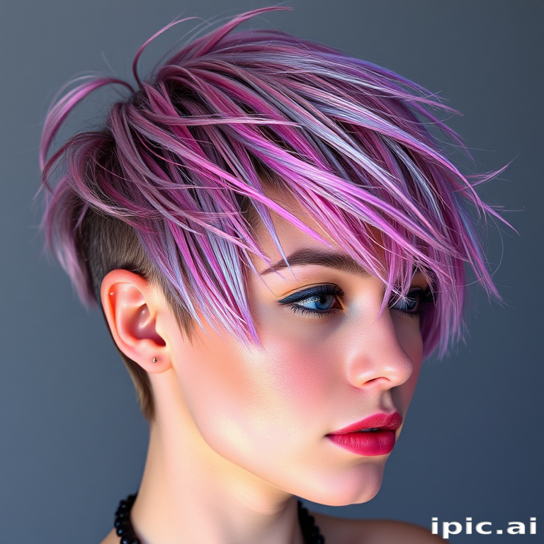 Futuristic holographic pixie cut named "Prism Punk" reflecting an array of metallic hues as light hits the precisely angled layers and textured fringe