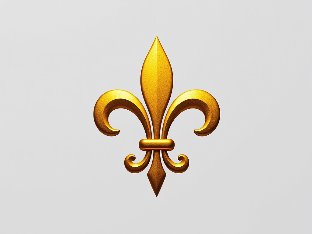 Create a high-resolution image of a stylized golden fleur-de-lis on a transparent background, using a DSLR camera with a 50mm lens, aperture set to f/2.8, ISO 100, and a softbox for even lighting.