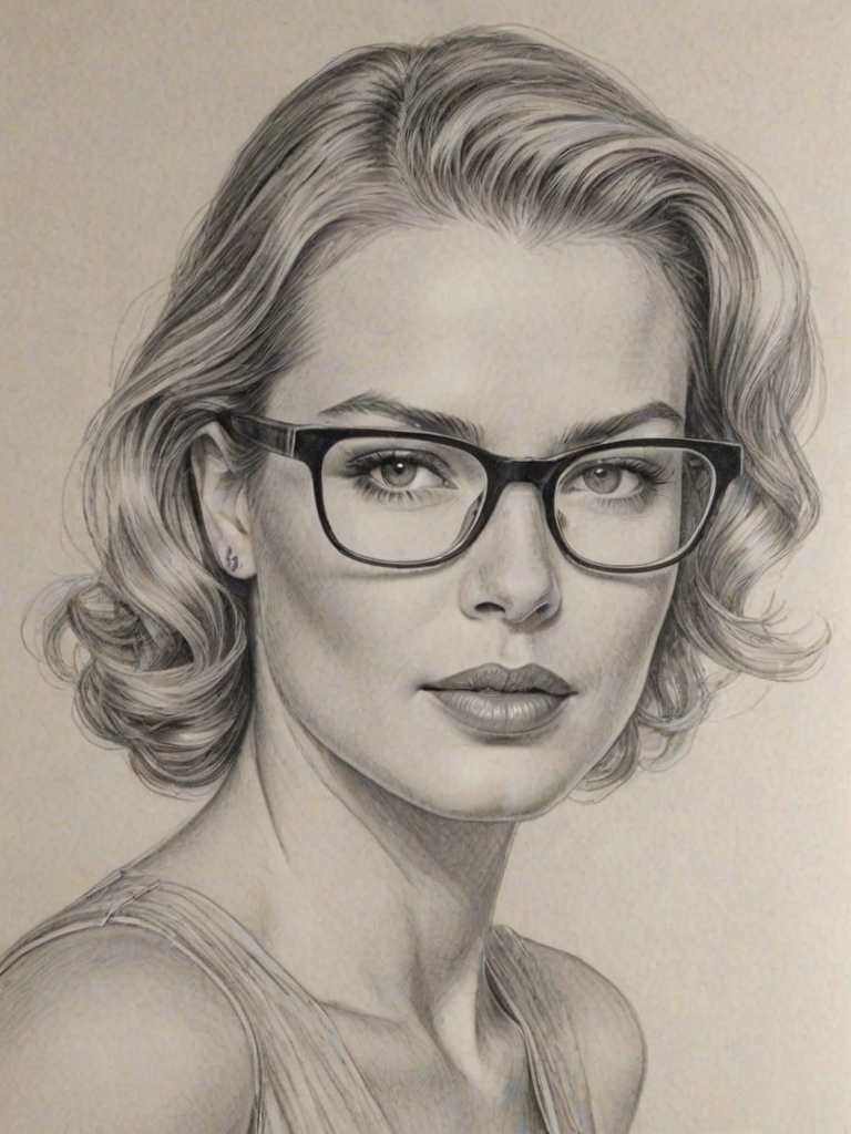 Exquisite Rebecca Romijn, pencil sketch, portrait of Graceful woman 1935s in glasses, hair style beatnik, outline, clear lines, fine lines, 8k