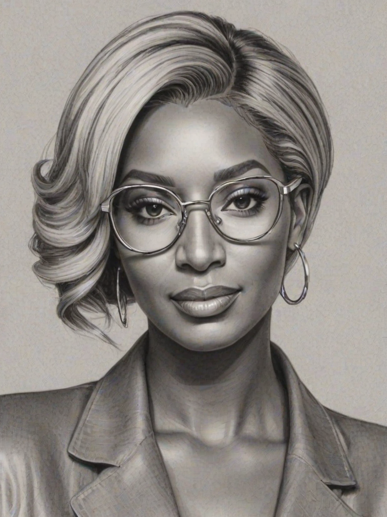 Alluring Nene Leakes, pencil sketch, portrait of Splendid woman 1971s in glasses, hair style beatnik, outline, clear lines, fine lines, 8k