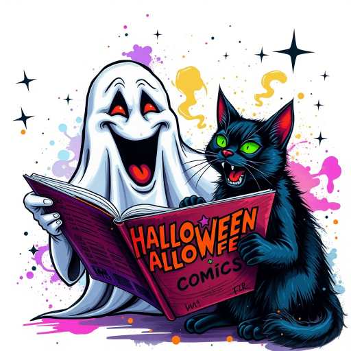 Image of a ghost and a black cat laughing exaggeratedly , and reading a comic halloween comic book, alcohol ink airbrush style, funny halloween theme, white background with neon purple, neon orange, neon green splash, black sparkles stars , dazzling BG