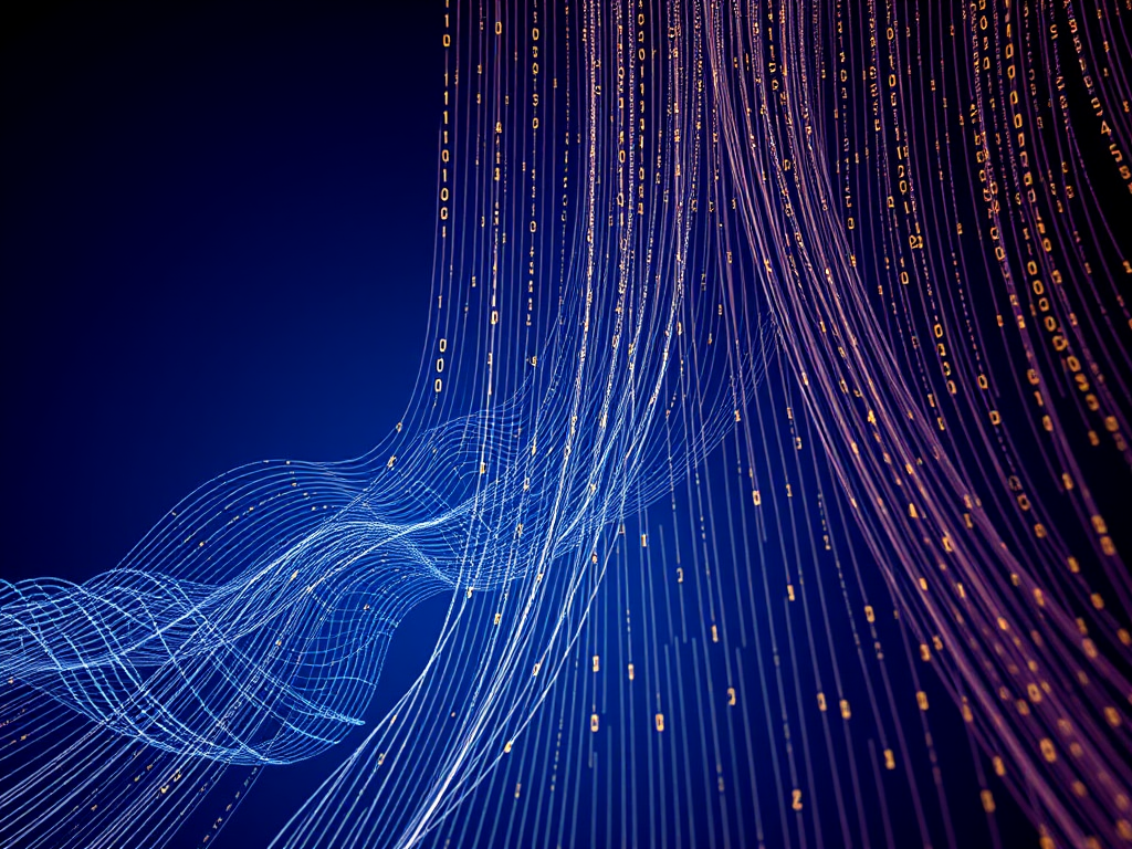 Create an abstract digital art image featuring cascading lines of binary code on a deep blue background, captured with a DSLR camera at f/2.8, ISO 100, 1/60s, using a wide-angle lens to enhance depth and clarity.