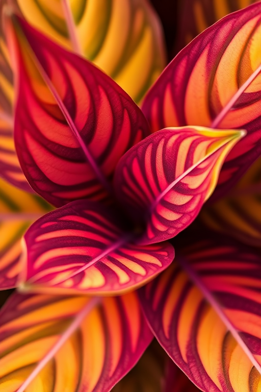 close-up shot of colorful croton plant leaves, macro lens, f/2.8 aperture, ISO 100, natural lighting, 50mm lens, DSLR camera, vibrant colors and sharp texture