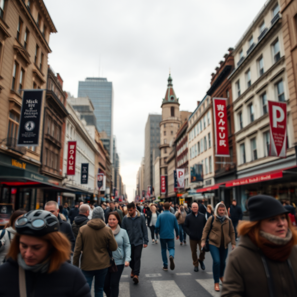 City street filled with pedestrians, overcast sky, sharp focus, narrow depth of field, 50mm lens, f/2.8 aperture, ISO 200, shot from eye level with a Canon EOS R.