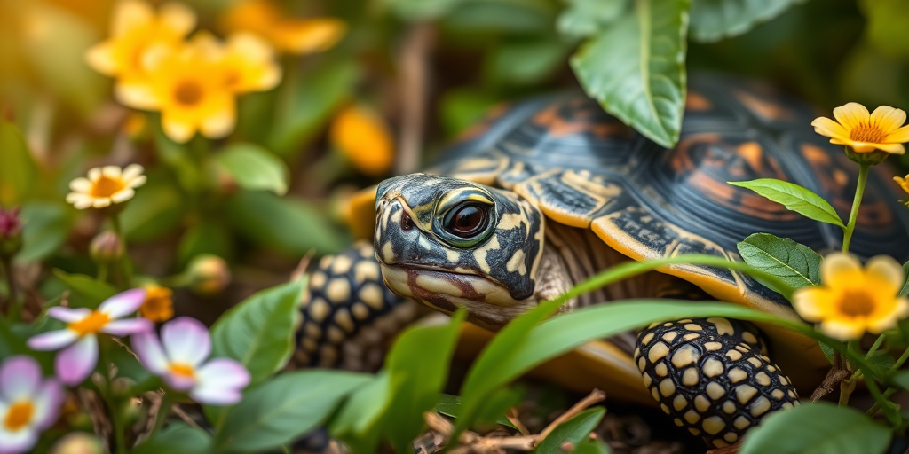 Capture a close-up shot of a tortoise among green leaves and flowers, using a DSLR camera, aperture f/2.8, shutter speed 1/200s, ISO 100, 50mm lens, soft focus background, natural lighting, vibrant colors.