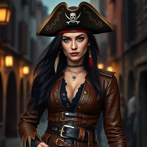Create a portrait of a fierce female pirate. She wears a leather tricorn hat adorned with a skull and crossbones emblem, and her long, dark hair flows around her face. Her outfit consists of a richly detailed leather jacket, a corset, and multiple layers of belts and accessories, giving her a formidable and stylish appearance. She stands confidently in a dimly lit, historic port town, with a backdrop of weathered buildings and cobblestone streets, capturing the adventurous spirit of a pirate.