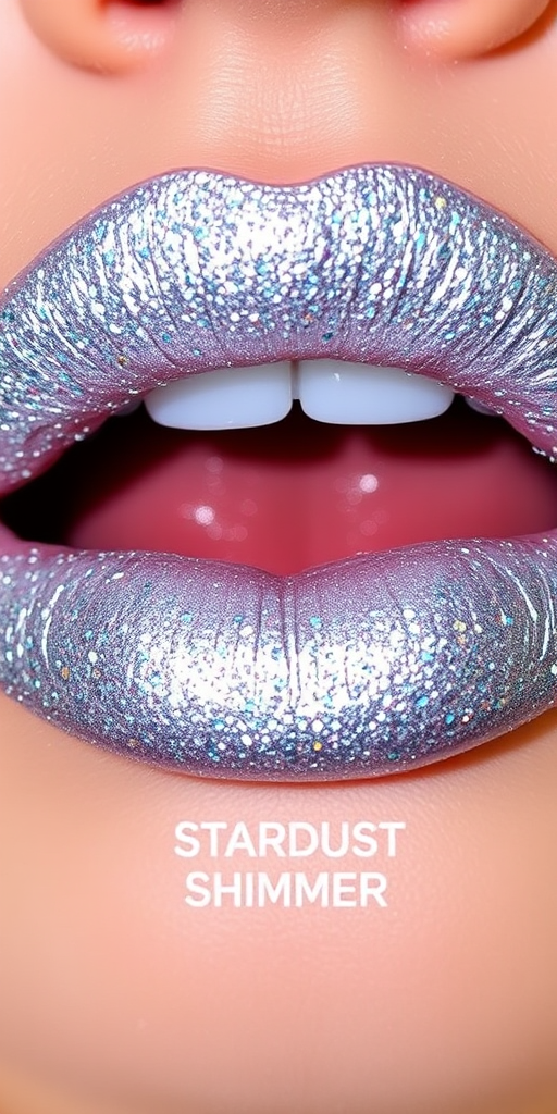 Glittery silver lips with holographic sparkles, titled "Stardust Shimmer," provide a dazzling, eye-catching look for special occasions