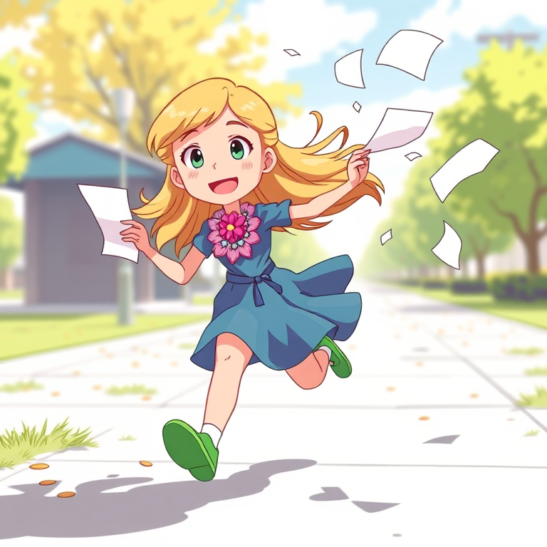 Generate a high-resolution cartoon-style image of a girl with blonde hair running, holding papers flying in the wind, wearing a blue dress with a flower necklace and green shoes, shot with a Canon EOS R5 at f/2.8, ISO 100, 50mm lens, using a vibrant color palette and dynamic perspective to enhance visual depth.