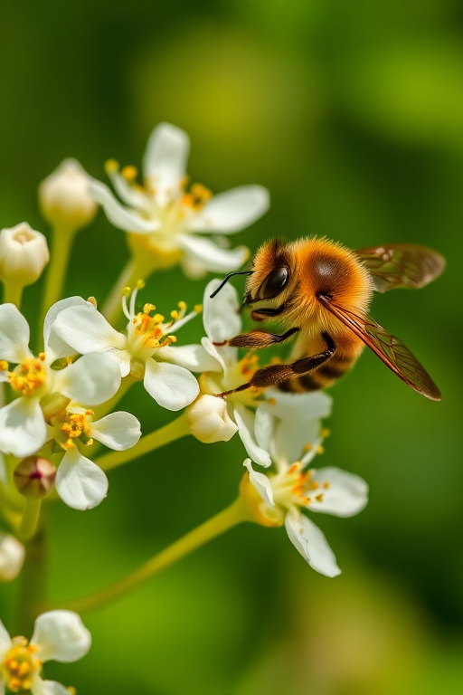 A close-up of a bee collecting nectar from white flowers with a blurred green background, taken with a macro lens, f/2.8 aperture, 1/500 shutter speed, ISO 100, natural light, DSLR camera.