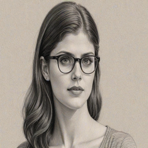 Delightful Alexandra Daddario, pencil sketch, portrait of Delightful woman 1933s in glasses, hair style beatnik, outline, clear lines, fine lines, 8k