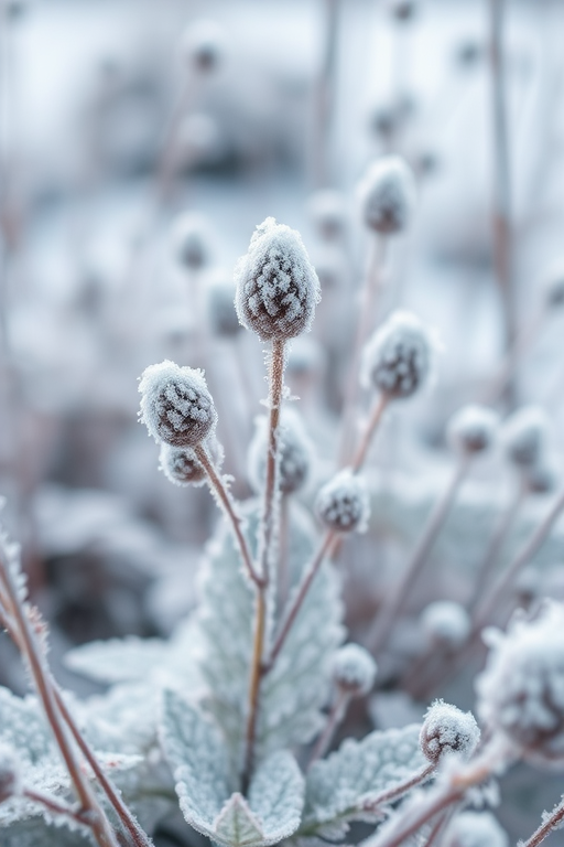 Capture a close-up shot of frost-covered plants in a soft, snowy landscape using a DSLR camera with a 50mm lens, aperture set to f/2.8 for shallow depth of field, ISO 100, and shutter speed of 1/200 sec to enhance detail and clarity.