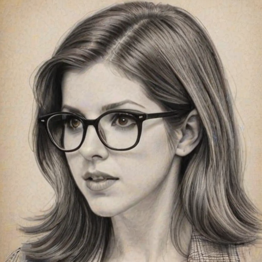 Magnificent Anna Kendrick, pencil sketch, portrait of Fascinating woman 1969s in glasses, hair style beatnik, outline, clear lines, fine lines, 8k