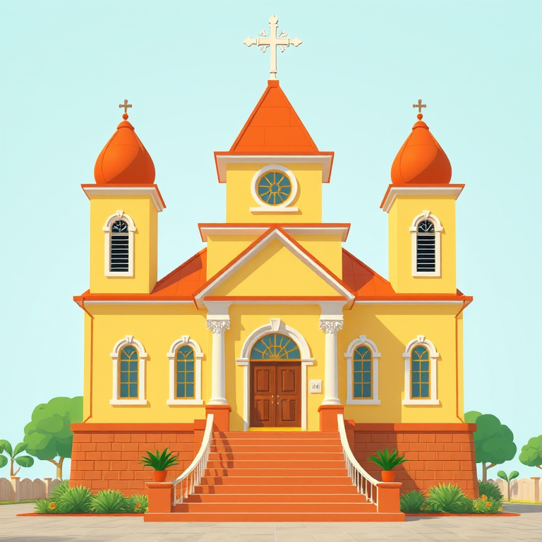 Create a digital illustration of a cartoon-style church with a yellow exterior, orange roofs, and a front staircase, shot with a Canon EOS R5 at f/8, ISO 100, 24mm lens, top-down view, high-resolution, bright colors.