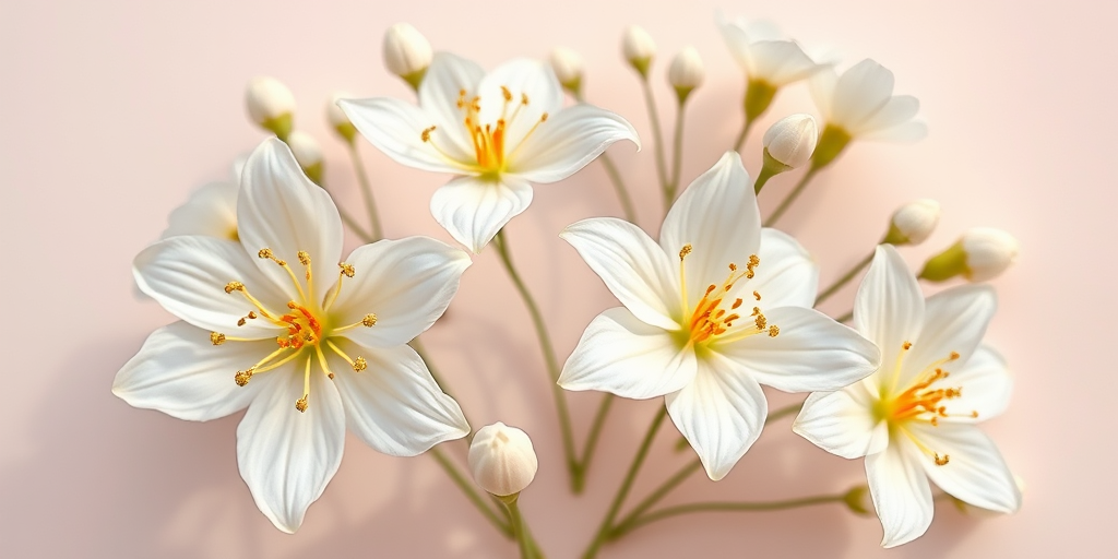create a high-resolution digital illustration of delicate white flowers with gold accents on soft pastel backgrounds, shot with a Canon EOS R5, 50mm lens, f/2.8 aperture, ISO 200, in bright natural light, emphasizing texture and detail.