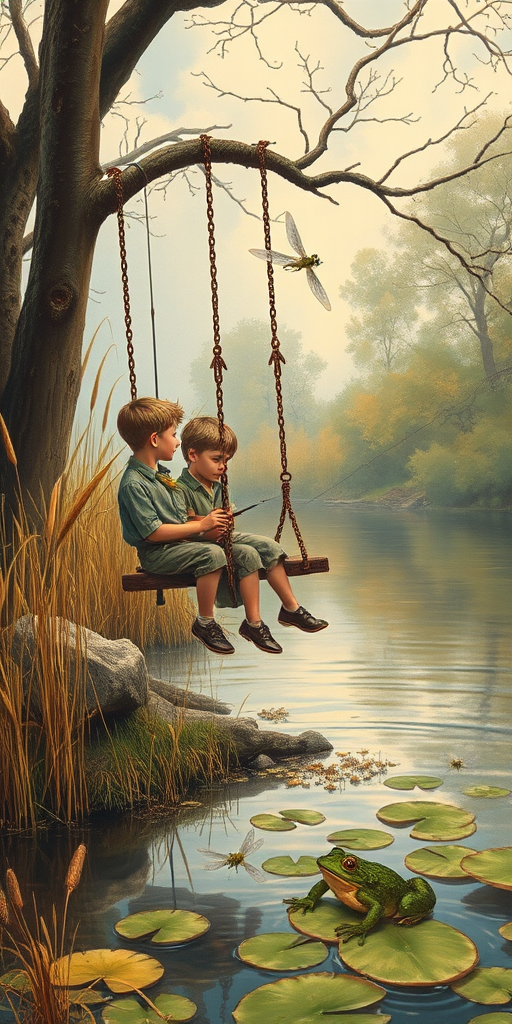 Imagine a small group of old fashioned young boys out fishing by the creek, a swing hanging from a tree branch, reeds and grasses by the water's edge, a frog sitting on a lily pad, dragonflies hovering over som water plans, a very iconic old fashioned scene reminiscent of a Norman Rockwell painting style