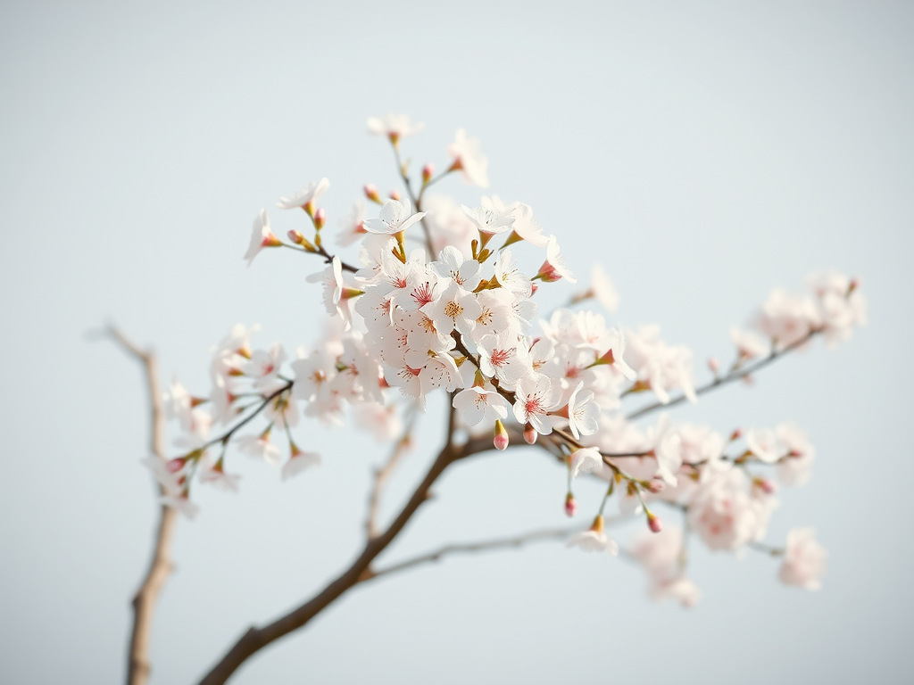 Create a soft-focus image of a blooming cherry blossom tree in a minimalist style, with a white background, captured using a Canon EOS R5 at f/2.8, 50mm lens, ISO 100, natural light, and vibrant post-processing for enhanced colors.