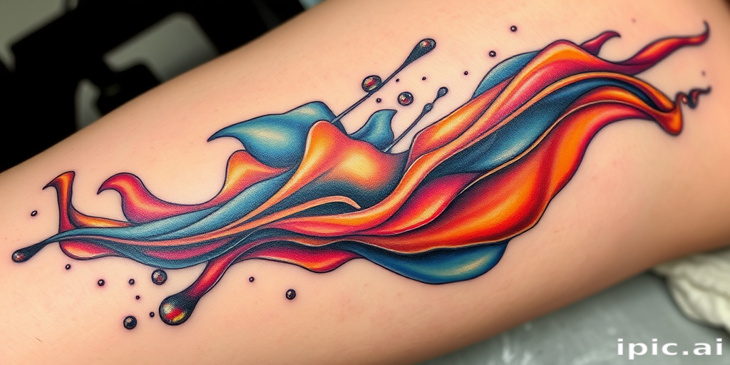 Contemporary abstract tattoo titled "Fluid Dynamics" featuring flowing organic shapes and color gradients reminiscent of liquid paint in motion with metallic ink accents