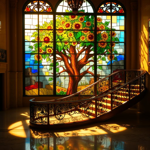 A stained glass window featuring a large, vibrant tree with blooming sunflowers as its focal point. The sunlight passes through the glass, casting multicolored shadows across the floor and a grand, curved staircase with ornate iron railings. The overall ambiance is warm, with golden sunlight enhancing the vivid colors of the stained glass, creating a serene and artistic atmosphere in a spacious room with polished marble floors. The scene is elegant and peaceful, with a blend of nature and architectural beauty.
