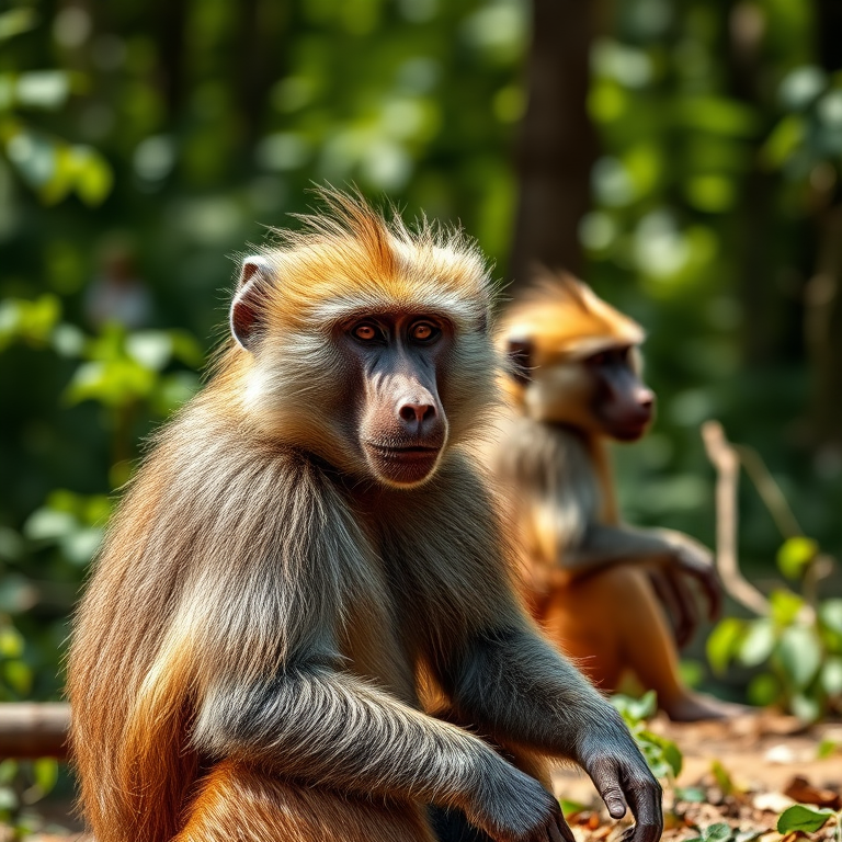 Generate a high-resolution image of a baboon sitting calmly with another baboon in soft focus in the background, using a Canon EOS 5D Mark IV, 85mm lens, aperture f/1.8, ISO 200, shutter speed 1/250s, capturing bright natural lighting in a lush forest environment.