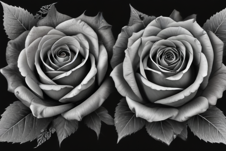 Elegantly Captured Black and White Roses with Lush Leaves on Dark ...