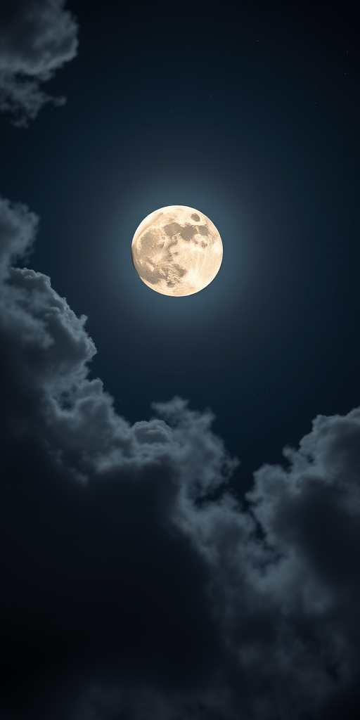 Generate a dreamy night sky with a large, bright moon surrounded by soft, fluffy clouds and a hint of twinkling stars, captured with a DSLR camera at f/2.8, ISO 100, shutter speed 1/60s, wide-angle lens, HDR style for enhanced details and vibrant colors.