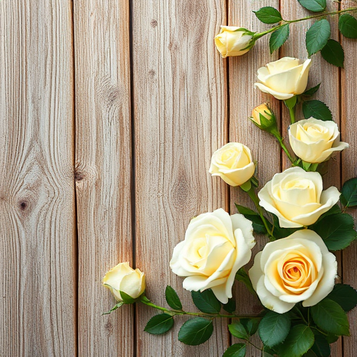 Create an image of a rustic wooden background with soft white and pale yellow roses intertwined along the edges, using a DSLR camera at f/2.8 aperture, 50mm lens, ISO 100, soft natural lighting, and a shallow depth of field for enhanced clarity and detail.