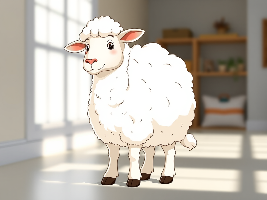 Create a cartoon-style illustration of a sheep standing upright with a fluffy white coat, soft facial features, and a cute expression in a bright, clean environment, captured with a DSLR camera at f/8 aperture, 50mm lens, ISO 100, under natural lighting.