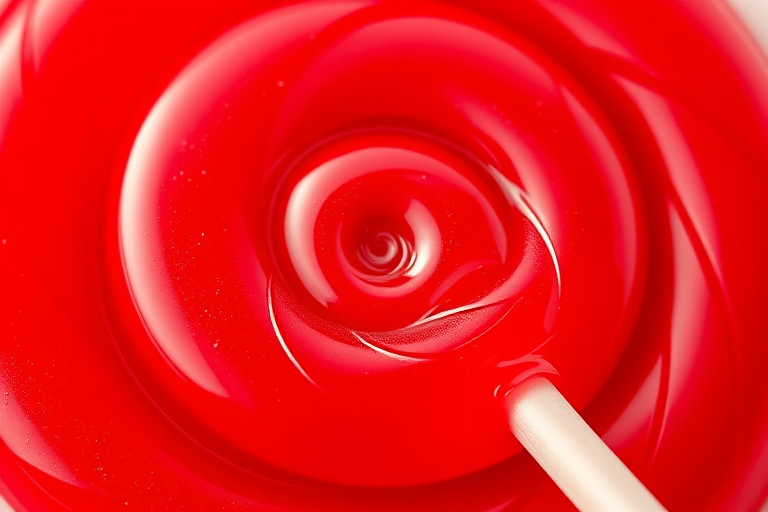 Create a vibrant, close-up digital illustration of a red lollipop on a plain white background, using a Canon EOS R5 with a 50mm f/1.2 lens at f/2.8, ISO 100, and a slightly angled view to enhance depth and detail.