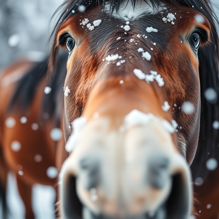 Close-up of a horse's face in the snow, shallow depth of field, ISO 200, f/2.8, 50mm lens, natural light, taken with a DSLR camera.