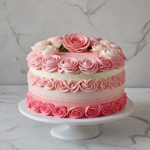 Create an image of a round cake with a smooth pink ombre frosting. The cake should have a decorative border of rose-shaped buttercream flowers in varying shades of pink and white on the top. Place the cake on a white marble cake stand and use a light, neutral background to highlight its colors.