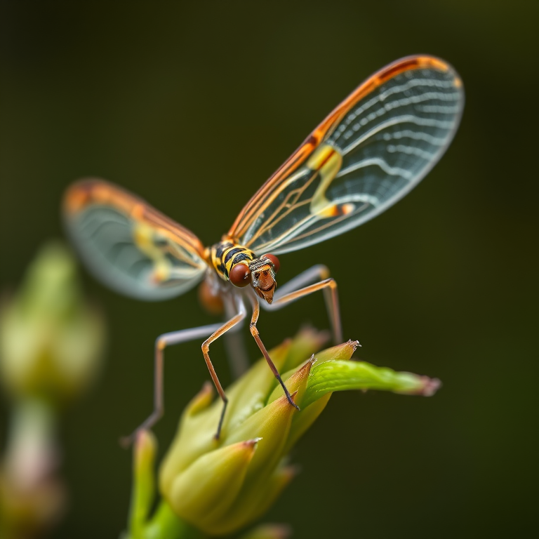 macro photograph of a lacewing insect perched on a plant, aperture f/2.8, shutter speed 1/200s, ISO 400, 100mm macro lens, soft diffused natural light, shallow depth of field, focus on intricate wing patterns and textures