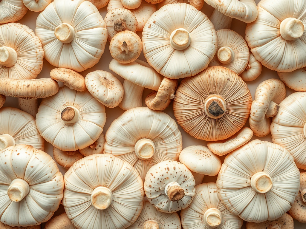 Generate a high-resolution pattern of various mushrooms in soft pastel colors with intricate details, using a Canon EOS R5 camera, f/8 aperture, ISO 100, 50mm lens, shot from a flat lay perspective to enhance image quality and texture.