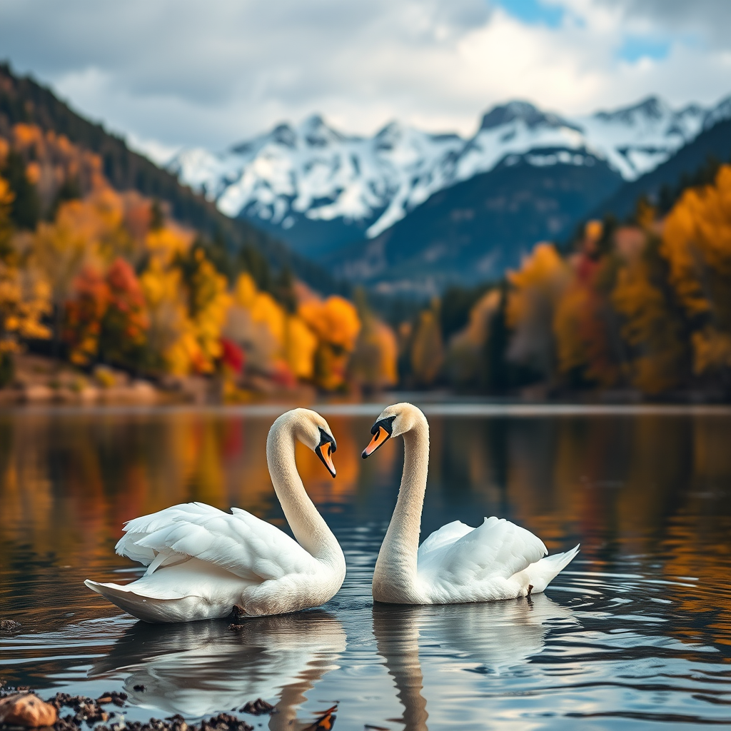 Create an image of two swans by a serene lake surrounded by colorful autumn trees and snowy mountains in the background, using a DSLR camera with a 50mm lens, aperture f/2.8, ISO 100, and a shallow depth of field for enhanced sharpness and clarity, capturing the vibrant colors and reflections in the water.
