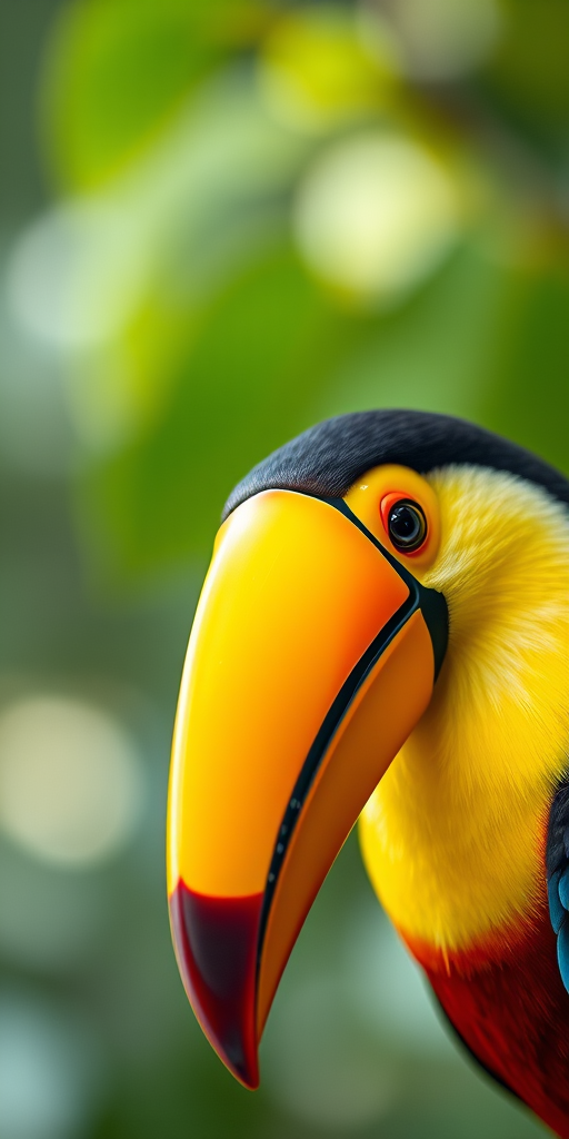 Create a high-resolution digital illustration of a toucan with vibrant colors, capturing intricate details of its feathers and beak, using a Canon EOS R5 camera, 50mm lens, aperture f/1.8, ISO 100, with soft natural lighting and a shallow depth of field for a blurred background.