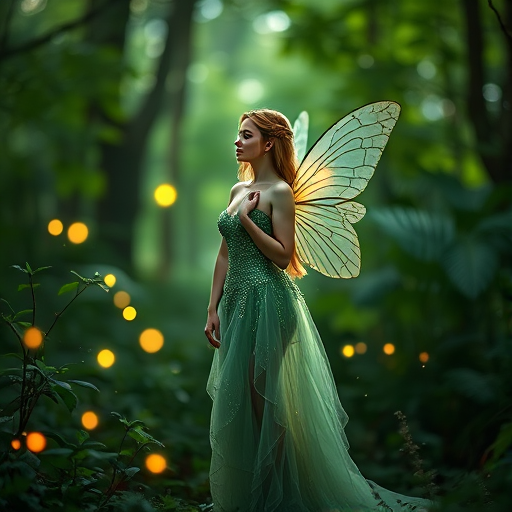 Create an image of a fairy in a lush green forest, wearing a shimmering green gown with translucent wings, surrounded by glowing lights and ethereal ambiance, captured with a Canon EOS R5, 50mm lens, f/1.8 aperture, ISO 100, soft focus background, natural lighting.