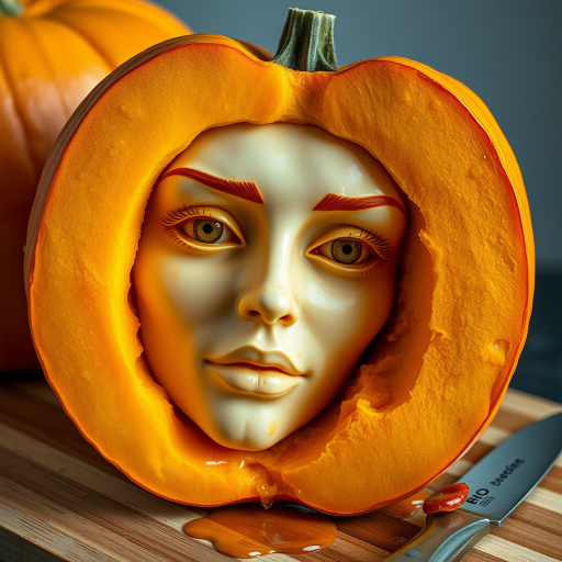 A hyperdetailed photorealistic macro color saturated high resolution image of a pumpkin cut in half, with the pumpkin pit being a highly detailed sculpted woman's face with her eyes open and pumpkin-colored irises. The face has a marble texture. The image includes condensation, moisture, and pumpkin juice. The pumpkin is on a wooden cutting board with a small fruit knife nearby, also covered with juice.