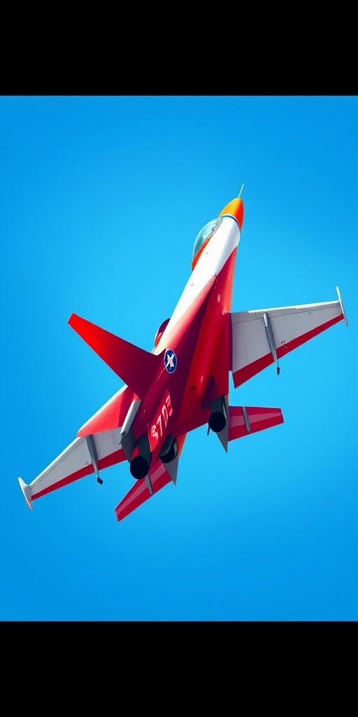 Create a high-resolution illustration of a red and white jet flying against a clear blue sky, using a digital painting style with vibrant colors, camera settings: aperture f/8, ISO 100, shutter speed 1/500s, camera view: slight upward angle, camera type: DSLR.
