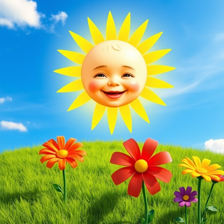 Create an image shows a bright, sun with a smiling baby's face in the center, radiating soft yellow rays. The sun is set against a clear blue sky with a few wispy clouds. Below, there's a lush green grassy hill with colorful, oversized flowers, giving the scene a whimsical, playful atmosphere.